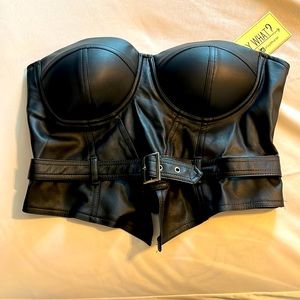 Strapless faux leather top with belt attached